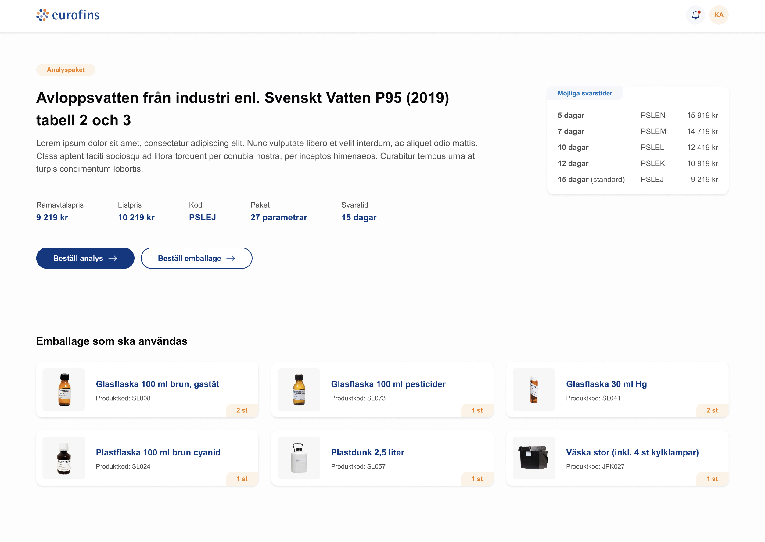 Screenshot of test product page